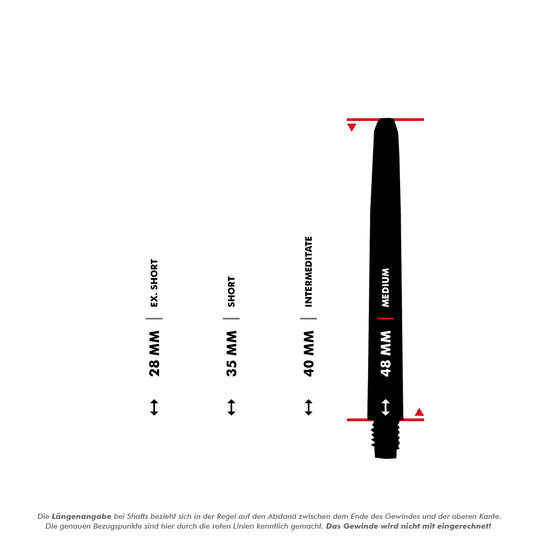 565_Nylon_Shafts_5_48mm Auf dem Bild sind schwarze Nylon Shafts in drei verschiedenen Längen abgebildet. Die Längenangabe bezieht sich auf den Abstand zwischen dem Ende des Gewindes und der oberen Kante, das Gewinde wird dabei nicht mit einberechnet.