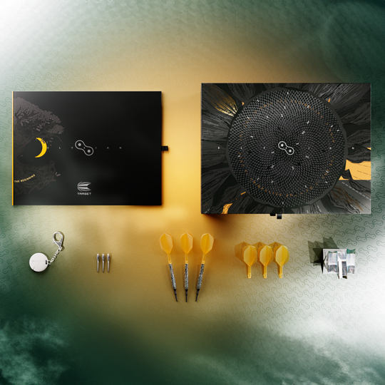 Das Bild zeigt das Produkt "Target Elysian 10 Limited Edition Softdarts - 20g" mit luxuriösem Zubehör, darunter Dartpfeile, Flights und Ersatzspitzen. Die edle Verpackung und das stilvolle Design heben das exklusive Set hervor.