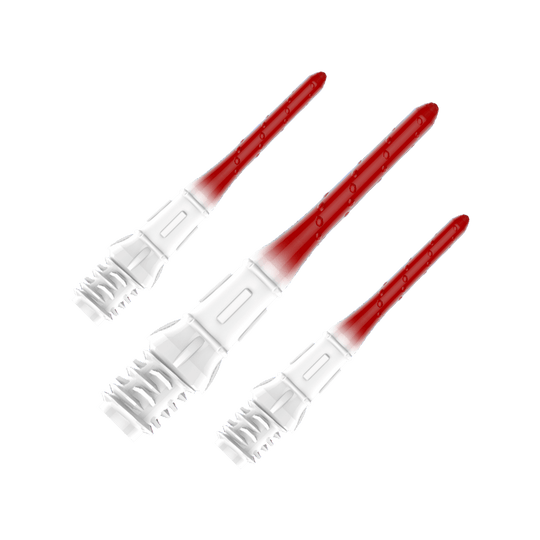 Špičky na šipky L-Style Premium s gradačním hrotem Lippoint (balení 30 kusů) Das Bild zeigt drei hochwertige Dartspitzen mit einem Farbverlauf von Weiß zu Rot. Die Spitzen sind ordentlich nebeneinander angeordnet und haben eine glänzende Oberfläche.