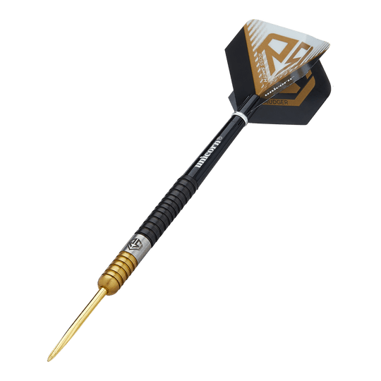 Šipky Unicorn Ross Smith dvoubarevné ocelové Dies ist ein Steeldart namens "Unicorn Ross Smith Two-Tone Steeldarts". Er hat eine goldene Spitze, einen zweifarbigen Griff und schwarze Flights mit gold-weißen Akzenten.