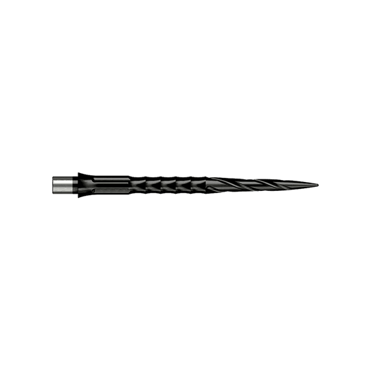 Ocelové hroty na šipky Caliburn System - Spiro - Bez rtu - Černé Hier sieht man eine Steeldartspitze des Caliburn Evo Systems, Modell Spiro NoLip Black, 36mm. Die Spitze ist schwarz und länger als die 32mm Variante.