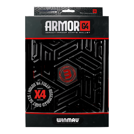 Winmau Armor G4 Dartwallet Auf dem Bild ist ein Winmau Armor G4 Dartwallet in Schwarz zu sehen. Die Verpackung zeigt, dass das Etui stoßfest ist und Platz für vier komplett montierte Dart-Sets bietet.