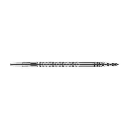 Dies ist eine silberne Dartspitze mit einem strukturierten Griff. Die Spitze ist 40 mm lang und hat ein rautenförmiges Muster am vorderen Ende.