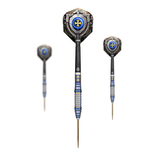Das Bild zeigt drei Steeldarts der Marke "Shot Future Knights Darkstar" mit einem Gewicht von 23g. Die Darts haben ein auffälliges Design mit blauen und silbernen Akzenten sowie einer markanten Spitze.