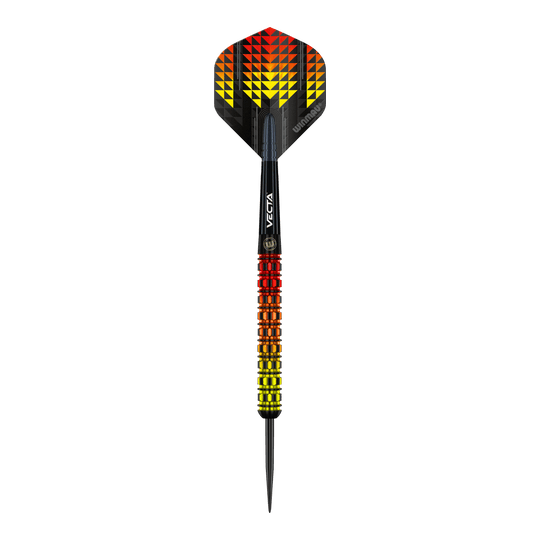 Winmau Firestorm Flame Parallel Steeldarts Der Winmau Firestorm Flame Parallel Steeldart hat ein auffälliges Design in Flammenfarben mit gelben, orangefarbenen und roten Akzenten. Der Schaft und Flight sind schwarz mit geometrischen Mustern, die an Feuer erinnern.