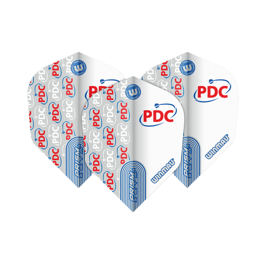 Das Bild zeigt die Winmau Prism Zeta PDC White No6 Flights. Die Flights sind weiß mit roten und blauen PDC-Logos sowie blauen Winmau-Details gestaltet.
