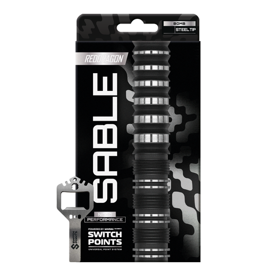 Zu sehen ist das Produkt Red Dragon Sable Bomb Switch Point Steeldarts. Diese Steeldarts eignen sich besonders für ambitionierte Dartspieler.
