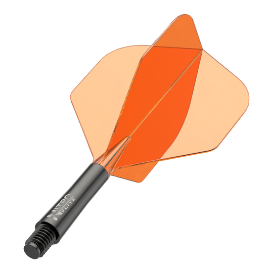 Letky Red Dragon Nitrofile Black Shaft Orange No2 Auf dem Bild ist ein schwarzer Dartschaft mit orangefarbenen Flights zu sehen. Es handelt sich um ein Zubehör für Dartpfeile.