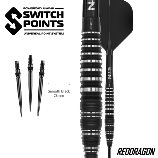 Zu sehen sind die Red Dragon Sable Bomb Switch Point Steeldarts. Die Darts sind robust und für präzises Spiel konzipiert.