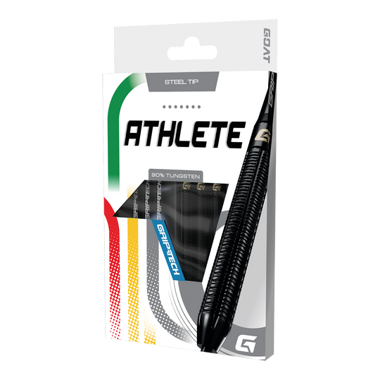 Šipky GOAT Athlete černé wolframové oceli Das Produkt GOAT Athlete Black Tungsten Steeldarts wird gezeigt. Die Darts sind für professionelle Spieler geeignet und in Schwarz gehalten.