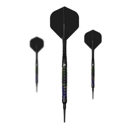 Mission Black Opal Softdarts - 20g im kompletten Set abgebildet. Das Set enthält alle Komponenten für das Dartspiel.