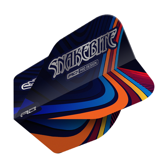 Letky Red Dragon Peter Wright Snakebite Multi Swirl č. 6 Das Bild zeigt ein Dartflight mit dem Namen "Red Dragon Peter Wright Snakebite Multi Swirl No6 Flights". Das Flight-Design ist bunt mit geschwungenen Linien in Blau, Orange, Rot und Gelb, und trägt die Aufschrift "Snakebite".