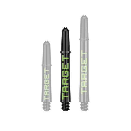 Target Pro Grip TAG Shafts - 3 sady - černo-zelené Auf dem Bild sind drei schwarze Dartschäfte in verschiedenen Längen zu sehen. Auf jedem Schaft steht das Wort "TARGET" in grüner Schrift.