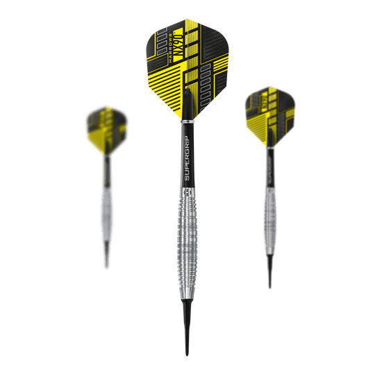 Měkké šipky Harrows NX90 Bomb Das Bild zeigt drei Harrows NX90 Bomb Softdarts mit schwarz-gelben Flights. Die Darts haben silberne, geriffelte Griffe und Spitzen aus Kunststoff.