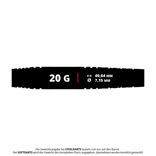 Das Bild zeigt die Red Dragon Luke Humphries TX5 Softdarts - 20g. Diese Darts sind speziell für Softdart-Spiele mit 20 Gramm Gewicht entworfen.