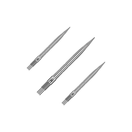 Špičky na šipky Harrows Quick Point Micro Ridge - stříbrné Eine Verpackung mit mehreren Harrows Quick Point MicroRidge Dartspitzen in Silber mit 26 mm Länge ist abgebildet. Die Dartspitzen sind zur besseren Ansicht gruppiert.