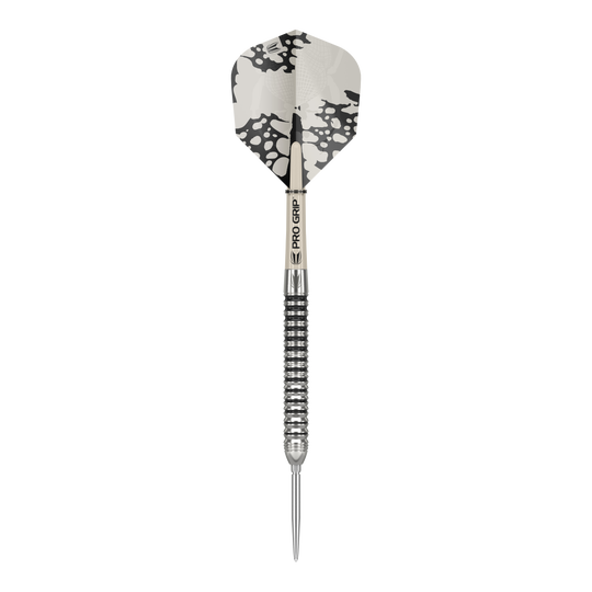 Ocelové šipky Target EXO SP01 Swiss Point Das Bild zeigt einen Target EXO SP01 Swiss Point Steeldart. Der Dartpfeil hat ein schwarz-silbernes Design mit einer auffälligen schwarz-weißen Flight.