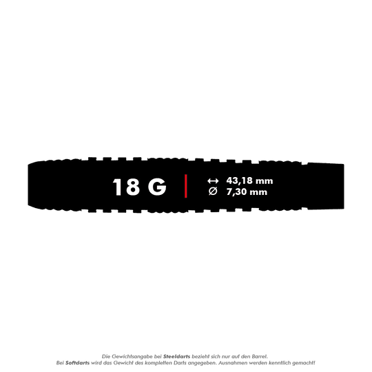 RD2563_Red_Dragon_Luke_Humphries_TX2_Atomised_Softdarts_5_18g Das Bild zeigt die Maße und das Gewicht des Produkts "Red Dragon Luke Humphries TX2 Atomised Softdarts - 18g". Der Dart wiegt 18 Gramm, ist 43,18 mm lang und hat einen Durchmesser von 7,30 mm.