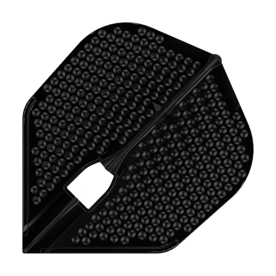 Das Bild zeigt ein schwarzes Dart-Flight mit Noppenstruktur. Es handelt sich um das Modell "L-Style Flights Dimple Champagne L3PRO Shape".