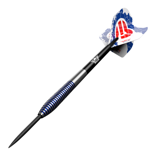 Ocelové šipky Bulls NL Romeo Grbavac - 23g Das Bild zeigt einen Steeldart aus der Serie "Bulls NL Romeo Grbavac" mit einem Gewicht von 23 Gramm. Der Dart hat ein modernes Design mit blauen und silbernen Ringen sowie einem bedruckten Flight.