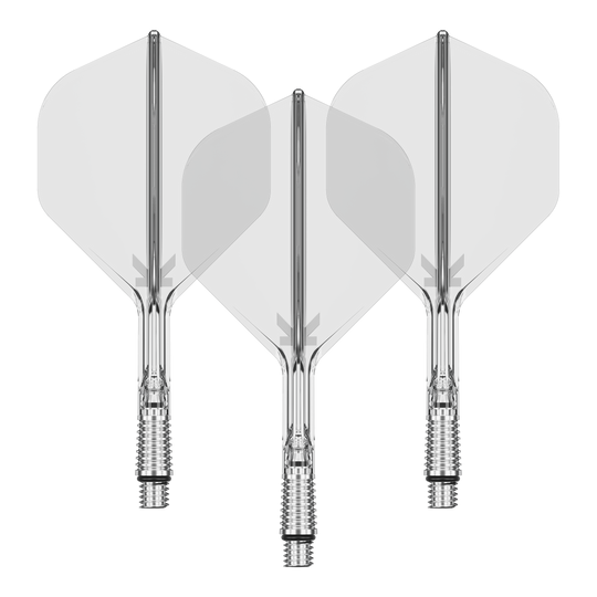Abgebildet ist ein Set von Target KShift No2 Standard Flights in transparenter Ausführung mit 26mm. Das Zubehör eignet sich für den Dartsport.