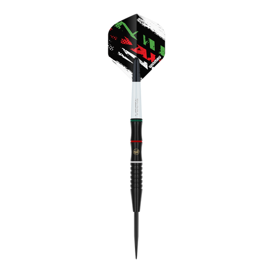Das Bild zeigt einen Winmau Peter Wachuri Steeldart mit einem Gewicht von 22 Gramm. Der Dart hat ein schwarzes Design mit roten, grünen und weißen Akzenten auf der Flights.