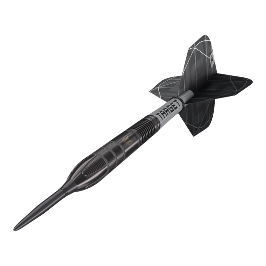 Ocelové šipky Target Nathan Aspinall X Echo Swiss Point Das Bild zeigt einen Target Nathan Aspinall X Echo Swiss Point Steeldart. Der Dartpfeil ist schwarz-silbern und hat ein modernes, auffälliges Design.