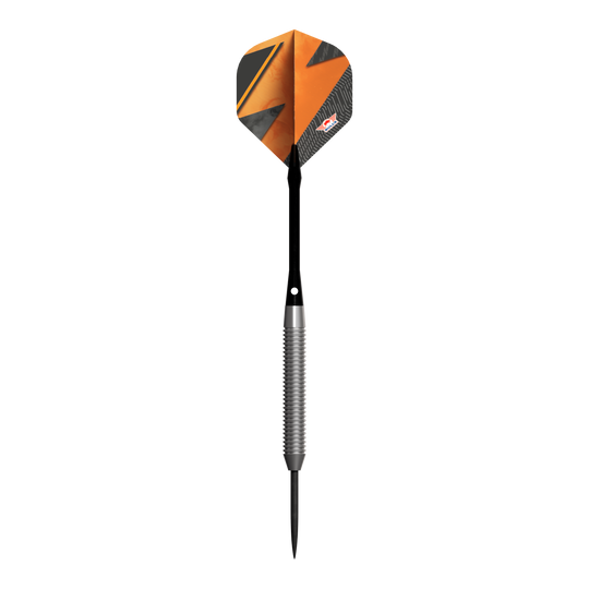 Das Bild zeigt den Steeldart "Bulls NL Lightning Orange" mit einer auffälligen orangenen und schwarzen Flight. Der Schaft ist silberfarben und geriffelt, während die Dartspitze schwarz ist.