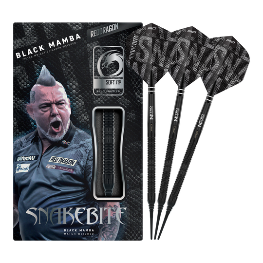 Auf dem Bild ist der Red Dragon Peter Wright Snakebite Black Mamba Softdart mit 20g zu sehen. Er überzeugt durch seine professionelle Verarbeitung und sein elegantes Aussehen.