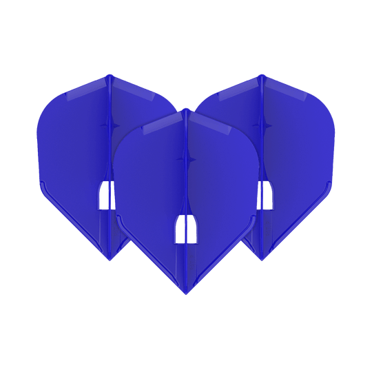 L-Style Flights Champagne - L3PRO Shape Auf dem Bild sind drei blaue Dart-Flights zu sehen. Sie sind nebeneinander angeordnet und haben eine standardisierte, breite Form.