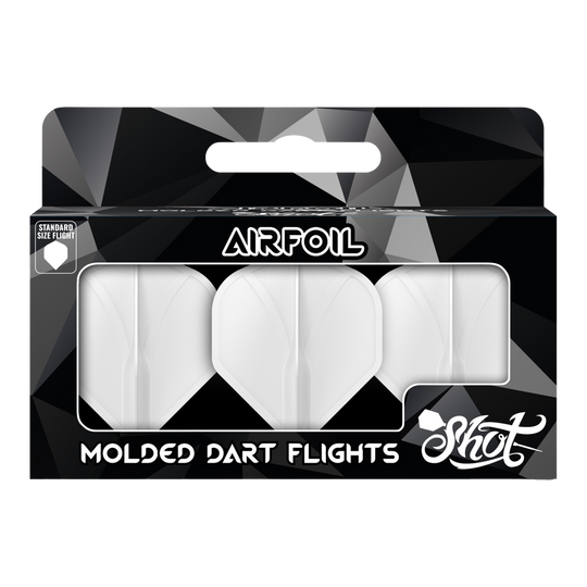 Standardní letky Shot Airfoil Molded No2 Die Verpackung zeigt drei weiße, geformte Dart-Flights der Marke Shot. Auf der Vorderseite steht „Airfoil – Molded Dart Flights“ in großen Buchstaben.