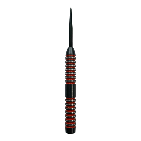 Sudy McDart Crimson Steeldart Das Bild zeigt einen McDart Crimson Steeldart Barrel mit schwarzem und rotem Design. Der Barrel hat eine gerillte Oberfläche für besseren Halt.