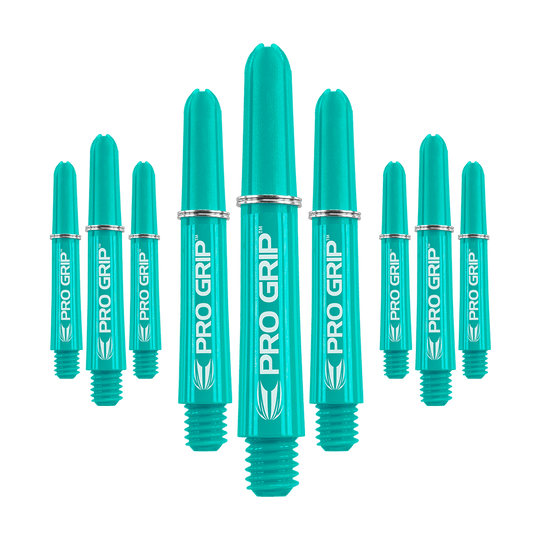Target Pro Grip Shafts - 3 sady - Aqua Das Bild zeigt neun türkisfarbene Dartschäfte mit der Aufschrift "PRO GRIP". Die Schäfte sind in einer Gruppe angeordnet und haben silberne Ringe.