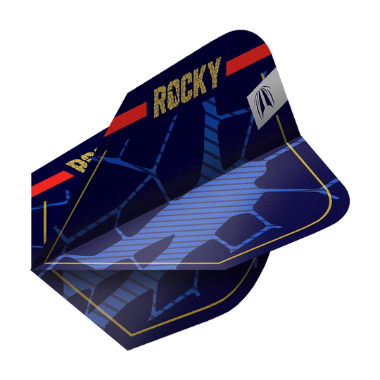 Letky Target Pro Ultra Josh Rock GEN1 Ten-X - 3 sady Das Bild zeigt ein Set von blauen Dart-Flights mit dem Aufdruck "ROCKY" in goldener Schrift. Die Flights haben ein modernes Design mit blauen Linien und einem roten Streifen am oberen Rand.