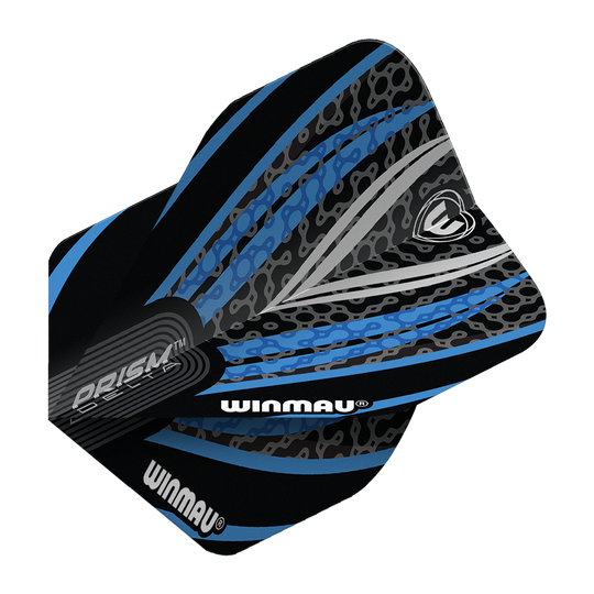 Letky Winmau Prism Delta černá bílá modrá č. 2 standardní Das Bild zeigt ein Winmau Prism Delta Standard Dartflight in den Farben Schwarz, Weiß und Blau. Das Flight hat ein modernes, grafisches Design mit dem Winmau-Logo und auffälligen Mustern.