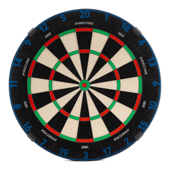 Das ist das Precise 180 Endorphine Steeldartboard mit Nummernring in Arctic Blue. Das Dartboard wird in leuchtendem Blau gezeigt.