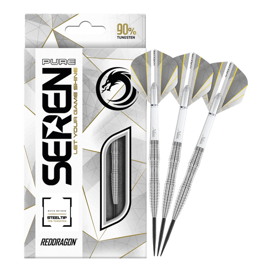 Auf dem Bild sind die "Red Dragon Seren 3 Pure Steeldarts" zu sehen. Die Verpackung und drei silberne Steeldarts mit weißen Flights sind abgebildet.