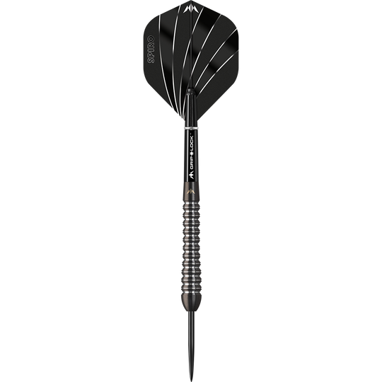 Ocelové šipky Mission Spiro Model 2 - 22g Dies ist ein Mission Spiro Model 2 Steeldart mit einem Gewicht von 22 Gramm. Der Dart hat ein modernes Design mit schwarzen und silbernen Akzenten.