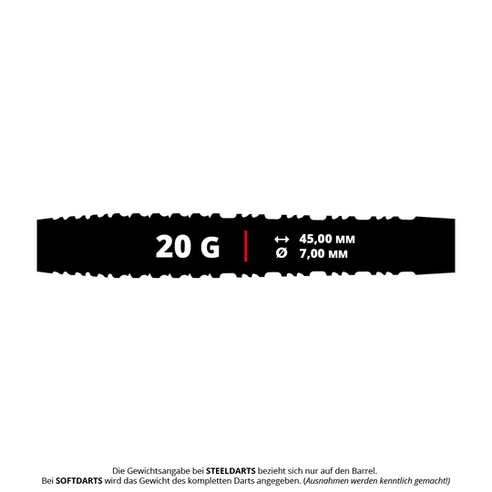 Das Bild zeigt die Shot Alchemy Runstel Softdarts mit 20g Gewicht. Diese Darts sind speziell für Softdartspieler konzipiert.