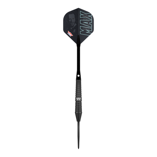 Die Bulls NL Max Hopp Black Steeldarts werden gezeigt. Die Darts sind als Set auf einem einfachen Hintergrund abgebildet.