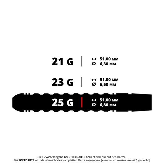 Ocelové šipky Harrow's Luke Woodhouse Series 2 Das Bild zeigt drei verschiedene Gewichte für Steeldarts: 21g, 23g und 25g, jeweils mit den entsprechenden Maßen. Für alle drei Varianten beträgt die Länge 51,00 mm, der Durchmesser variiert je nach Gewicht.