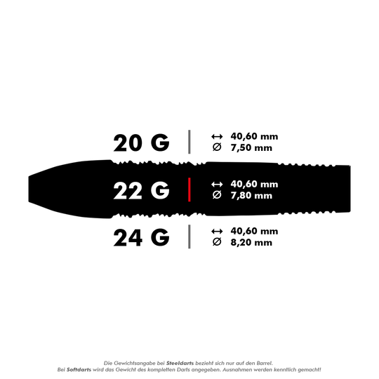 27706_Unicorn_Pro-Tech_Style1_Steeldarts_5_22g Das Bild zeigt die Spezifikationen für Unicorn Pro-Tech Steeldarts in den Gewichten 20 g, 22 g und 24 g. Für jedes Gewicht werden die Länge (40,60 mm) und der Durchmesser (zwischen 7,50 mm und 8,20 mm) des Barrels angegeben.