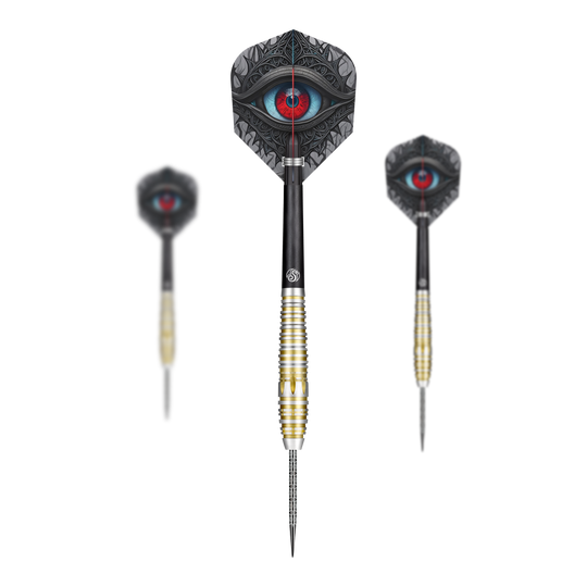 Střelené keltské Balorské ocelové šipky Das Bild zeigt drei Steeldarts des Produkts „Shot Celt Balor Steeldarts“ vor schwarzem Hintergrund. Auf den Flights ist ein auffälliges, stilisiertes Auge in leuchtenden Farben abgebildet.