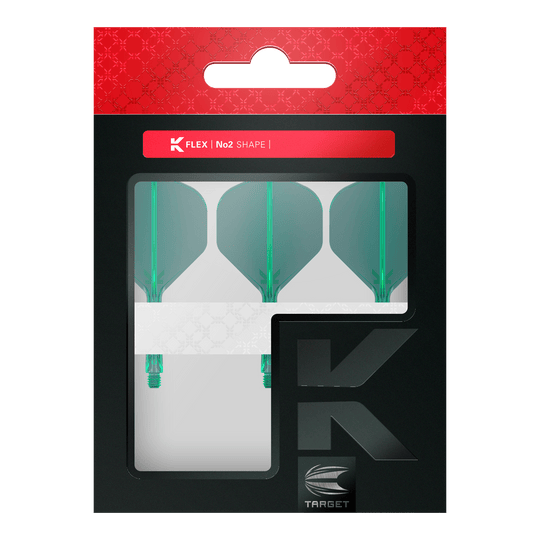 Standardní letový systém Target K-Flex No2 - zelený Dies ist eine Packung mit drei grünen Dartflights der Marke Target. Die Verpackung ist schwarz mit einem roten oberen Rand und einem Sichtfenster.