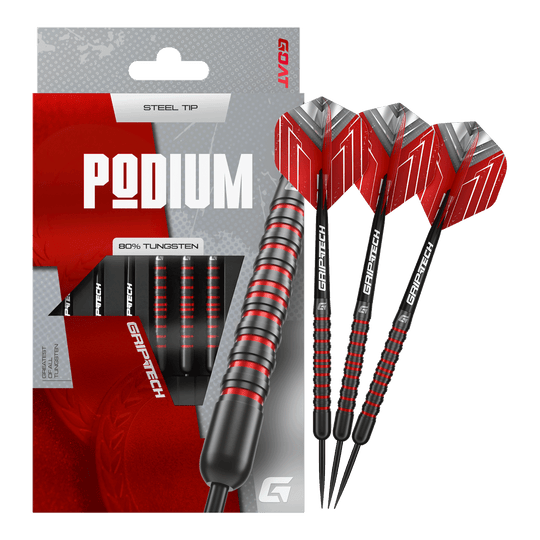Das Bild zeigt die GOAT Podium Black Steeldarts. Dies sind hochwertige schwarze Steeldarts für den professionellen Einsatz.