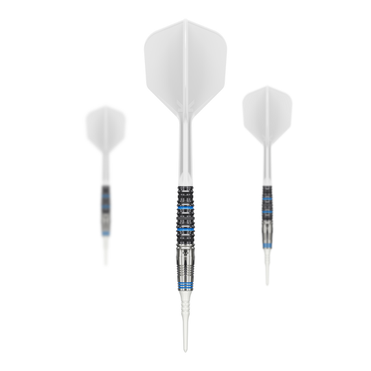 Das Bild zeigt drei Softdarts mit weißen Flights und silber-blau-schwarzen Schäften. Es handelt sich um das Produkt "Target Japan Airi Hirano Charm Kanon GEN4 Softdarts - 17,5g".