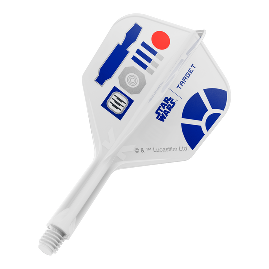 Lety Target Star Wars K-Flex R2D2 č. 6 Das Bild zeigt Dart-Flights mit einem R2D2 Motiv und der Bezeichnung 410510_Target_StarWars_KFlex_R2D2_No6_Flights_Short_19mm_1. Es handelt sich um kurze Dart-Flights im Star Wars Stil.
