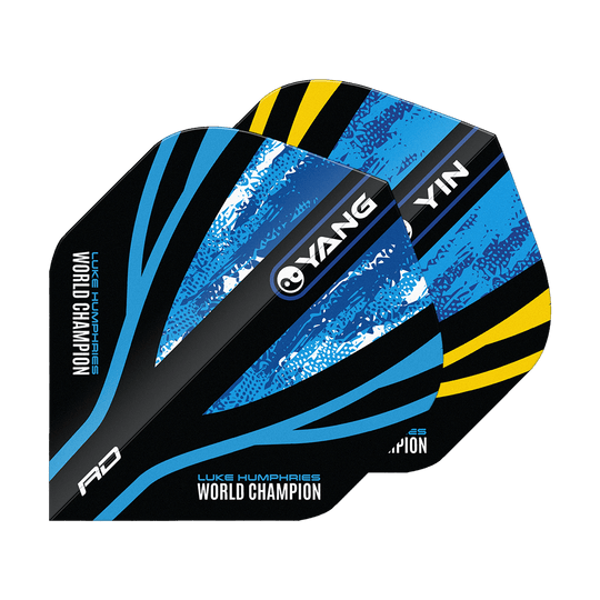 Mistr světa Red Dragon Luke Humphries, Blue Gold, Yin Yang Standard Flights Das Bild zeigt die "Red Dragon Luke Humphries World Champion Blue Gold Yin Yang Standard Flights". Die Flights sind in Blau, Schwarz und Gelb gestaltet und tragen die Aufschrift "World Champion" sowie "YIN" und "YANG".