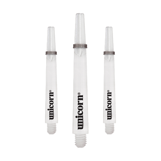 Das Bild zeigt drei transparente Unicorn Gripper 3 Mirage Shafts mit einer Länge von 44,2 mm. Auf jedem Schaft steht das Wort "unicorn" in schwarzer Schrift.