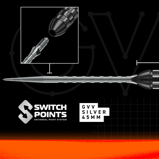 Winmau Gian Van Veen TS-PRO Switch Point Steeldarts Das Bild zeigt die Winmau Gian Van Veen TS-PRO Switch Point Steeldarts. Die Darts liegen parallel zueinander und sind komplett zu sehen.